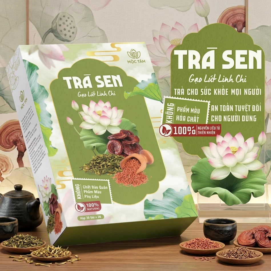 Hộp Trà Sen Mộc Tâm gạo lứt linh chi, quy cách 30 gói x 3 gam